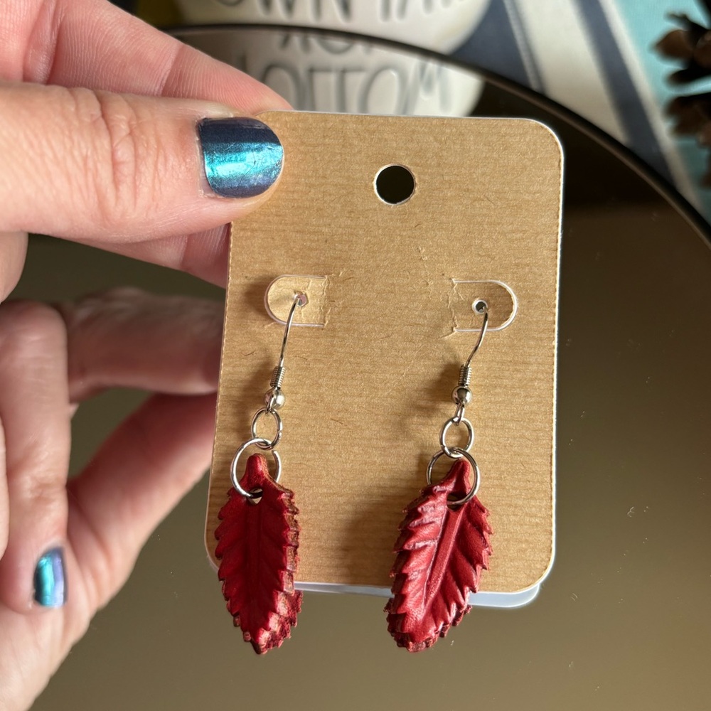 Handmade by ME Red Leather Leaf Earrings